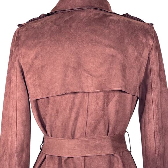 Magaschoni Women’s Chocolate Brown Faux Suede Belted Wrap Coat Size S EUC - Picture 10 of 15